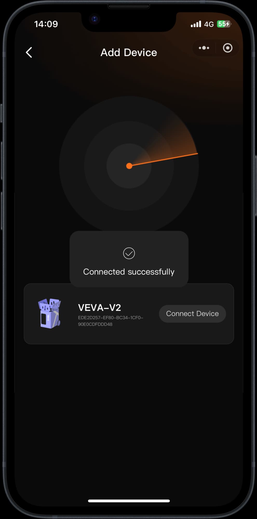 Machine app showing a successful device connection