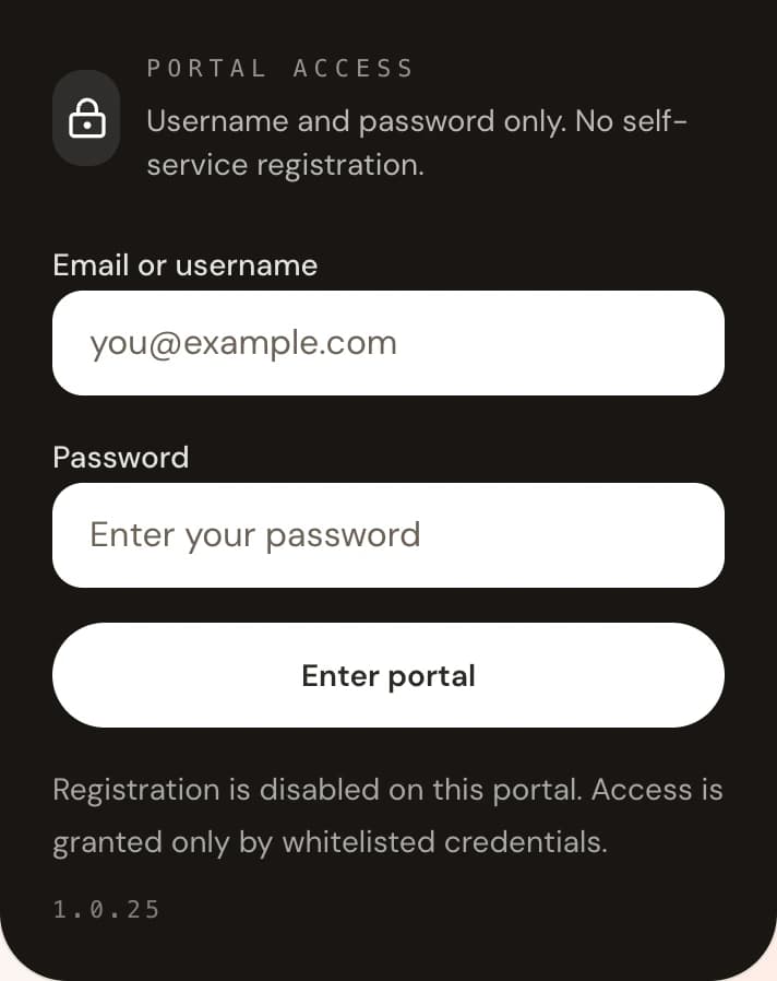Portal sign-in card with the Email or username field, the password field, and the Enter portal button.