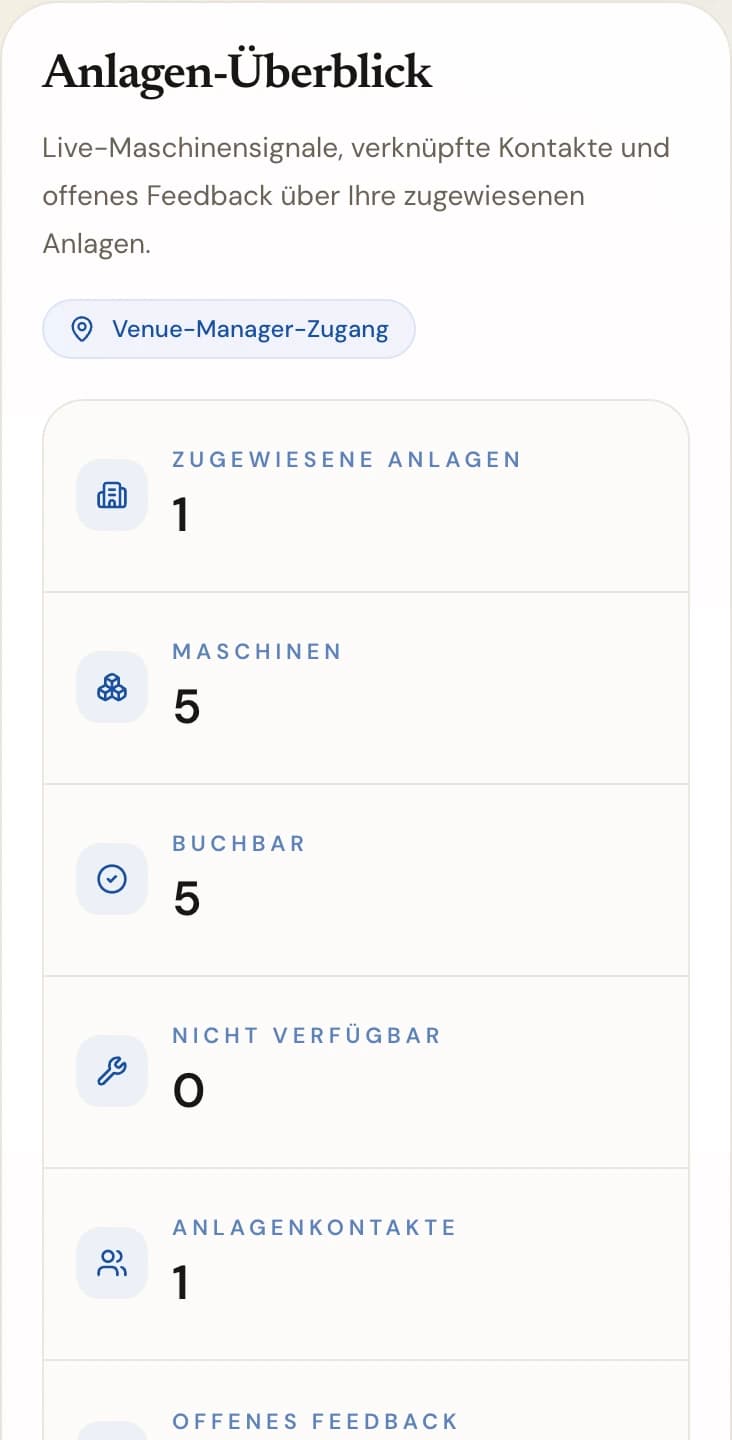 Anlagen-Schnappschuss der Portal-Übersicht mit dem Venue-Manager-Zugangsbadge und Zählern für zugewiesene Anlagen, Maschinen, buchbar und nicht verfügbar.