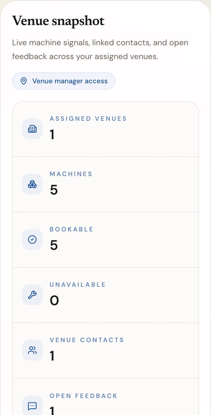 Venue snapshot on the portal overview with the venue-manager access badge and counters for assigned venues, machines, bookable, and unavailable.