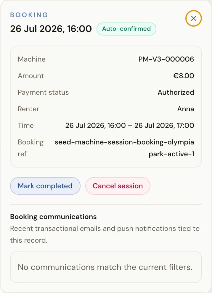 Booking details on the Sessions page showing the renter, session window, payment state, and the Mark completed and Cancel session actions.