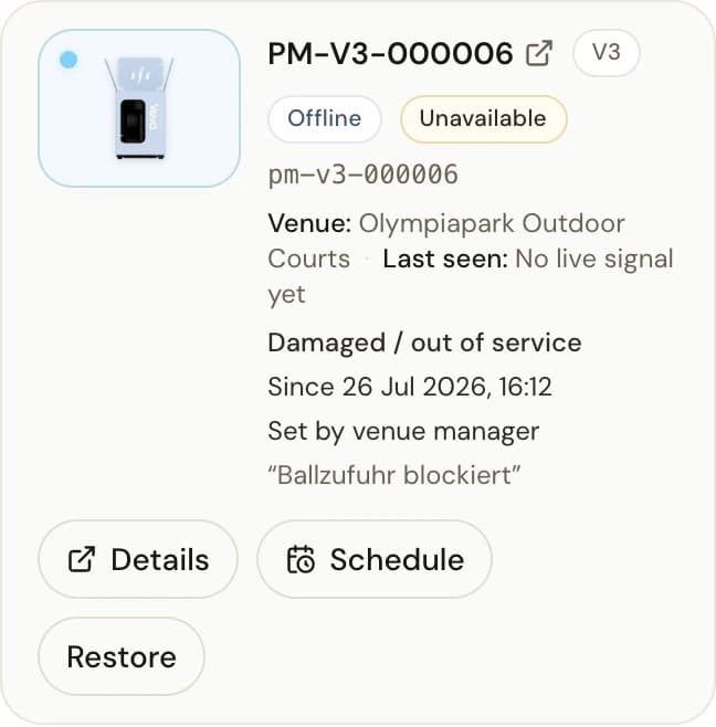 Machine row in the Machines list showing the Unavailable state with its reason and the Restore action.