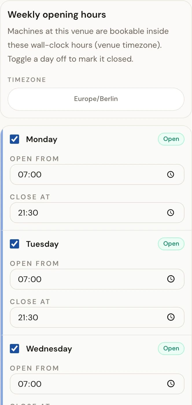 Weekly opening hours editor listing days with an Open checkbox and Open from and Close at time fields per day.