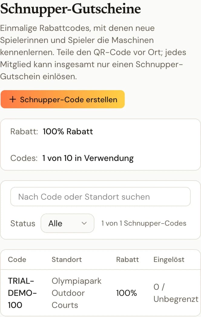 Test-Gutschein-Arbeitsbereich mit der Richtlinienleiste samt festem Rabatt und verbleibendem Kontingent, der Liste ausgestellter Codes und der Aktion zum Erstellen.