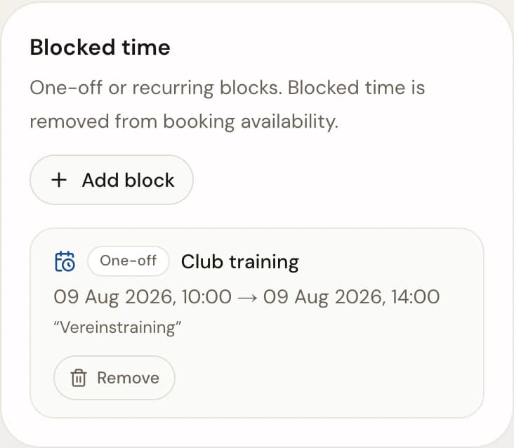 Blocked time section of a machine schedule showing one scheduled block with its reason and time window next to an Add block button.